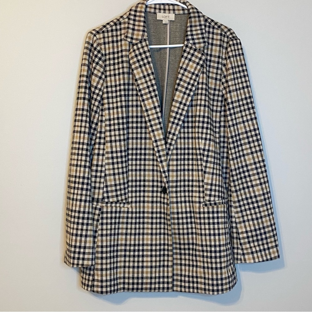 LOFT Women's Checkered Blazer - Black and Cream